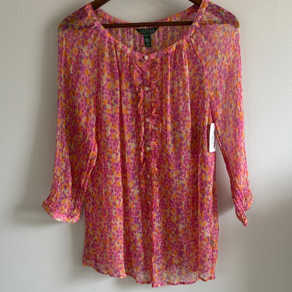 Lauren Ralph Lauren Silk Floral Blouse 1X Boho Pink Orange Lightweight
